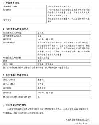 興銀基金董事長(zhǎng)吳若曼因“個(gè)人原因”卸任，總經(jīng)理易勇代為履職