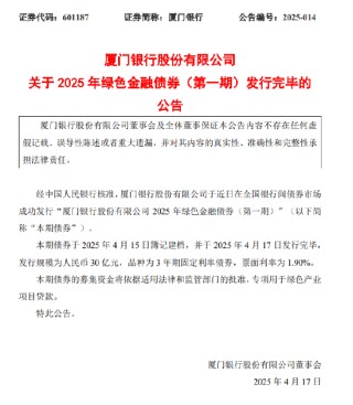 廈門銀行：30億元綠色金融債券發(fā)行完畢