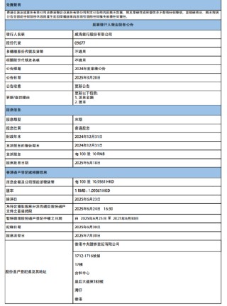 威海銀行：將于7月30日派發(fā)末期股息每100股10.9361港元