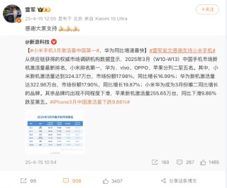 報(bào)告稱小米手機(jī)3月激活量中國(guó)第一，雷軍時(shí)隔9天再發(fā)聲：感謝大家支持