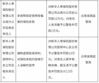 新華保險云南分公司與昆明中心支公司合計被罰25萬元：未按照規(guī)定使用經(jīng)備案的保險條款等