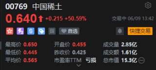 港股中國稀土午后漲幅持續(xù)擴(kuò)大，一度漲超52%，股價(jià)創(chuàng)近3年新高