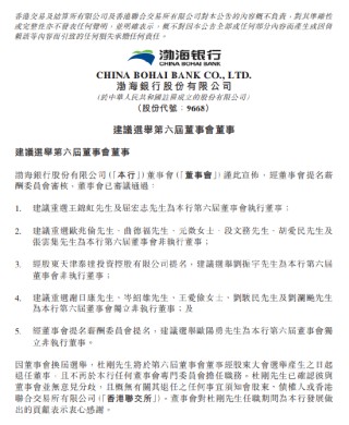 渤海銀行：建議重選王錦虹為第六屆董事會執(zhí)行董事