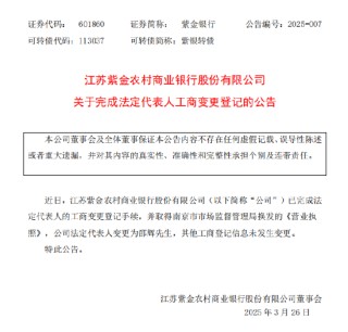 紫金銀行：公司法定代表人變更為邵輝