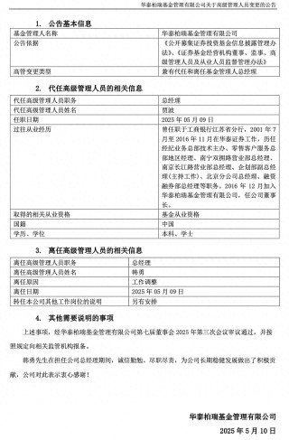 華泰柏瑞基金總經(jīng)理韓勇因工作調(diào)整卸任，董事長賈波代為履職
