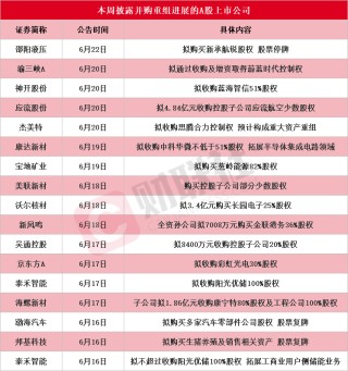 龍頭6連板 本周披露并購重組進展的A股名單一覽