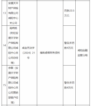 安盛天平咸陽中心支公司被罰22.6萬元：因編制虛假財(cái)務(wù)資料
