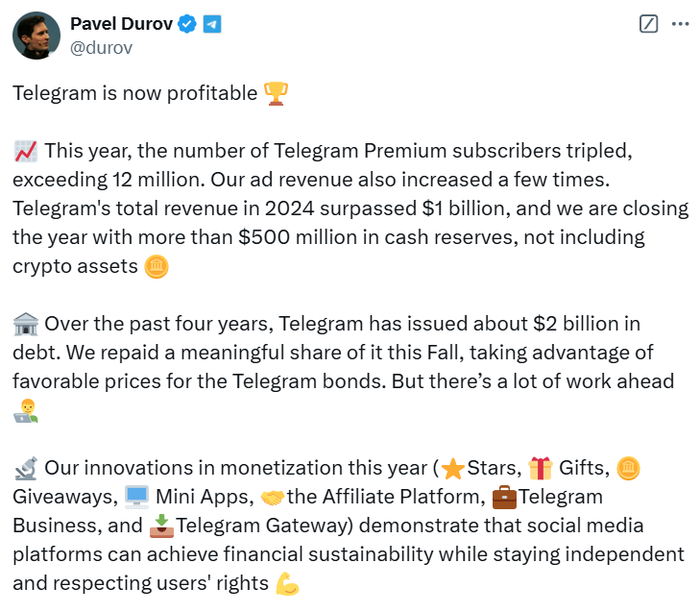 “電報”創(chuàng)始人兼CEO：公司已實現(xiàn)盈利，今年總收入超10億美元  第1張