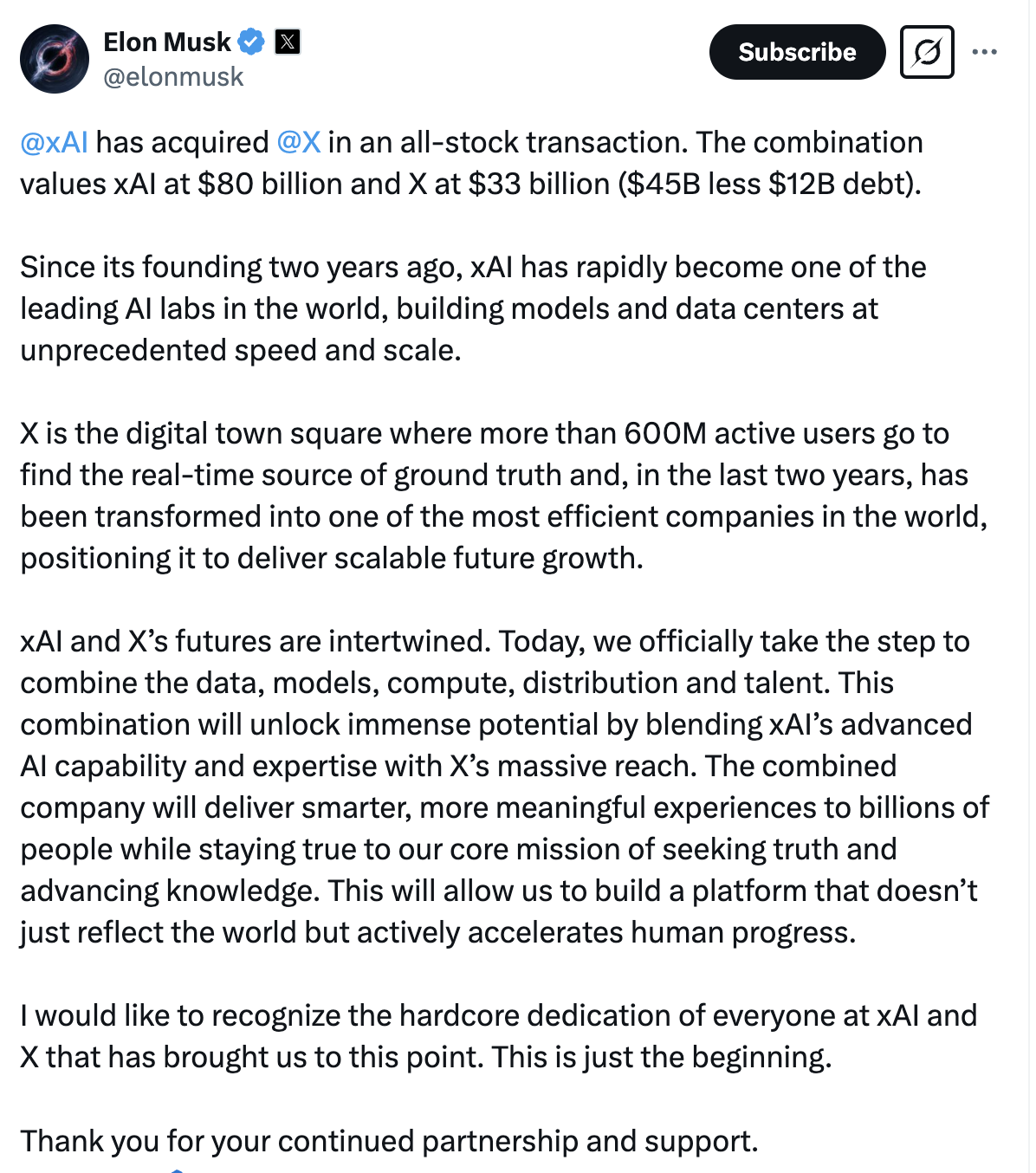 xAI收購X，馬斯克重組AI帝國，“這只是第一步”？  第1張