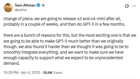 OpenAI首席執(zhí)行官Sam Altman：可能會(huì)在幾周內(nèi)發(fā)布o(jì)3和o4-mini  第1張
