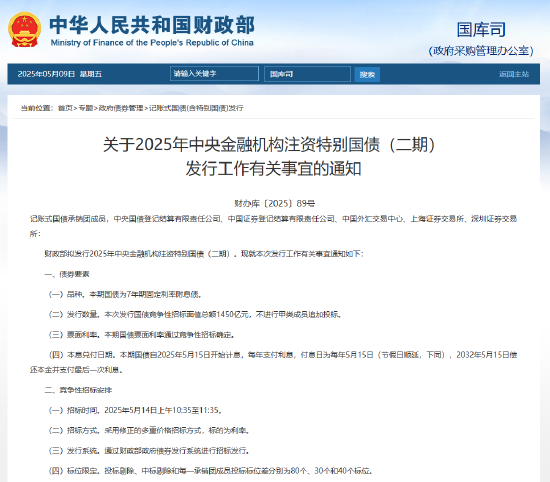 財(cái)政部擬發(fā)行2025年中央金融機(jī)構(gòu)注資特別國(guó)債（二期） 招標(biāo)面值總額1450億元  第1張
