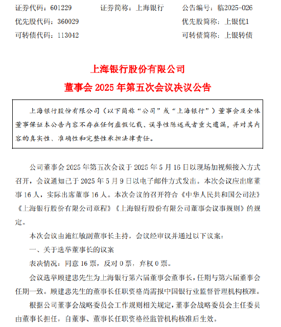 上海銀行：選舉顧建忠為第六屆董事會董事長  第1張