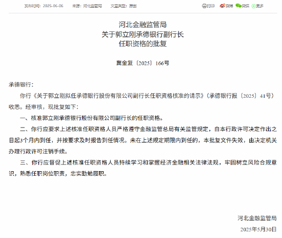 承德銀行兩名副行長任職資格獲批  第1張