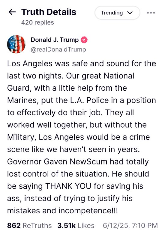 特朗普稱洛杉磯過去兩晚安全無恙 稱贊國(guó)民警衛(wèi)隊(duì)和海軍陸戰(zhàn)隊(duì)  第1張