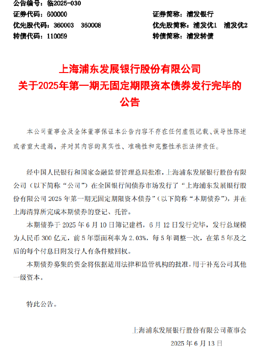 浦發(fā)銀行：300億元無(wú)固定期限資本債券發(fā)行完畢  第1張