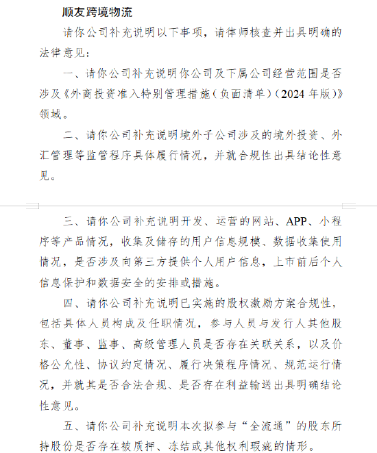 順友跨境物流收證監(jiān)會境外上市備案反饋意見：需說明經(jīng)營范圍數(shù)據(jù)安全合規(guī)性 是否向第三方提供個人用戶信息  第1張