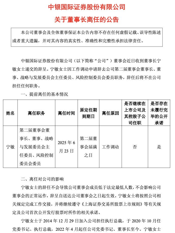 十年掌舵功成身退，中銀證券董事長(zhǎng)寧敏轉(zhuǎn)身回歸中行  第1張